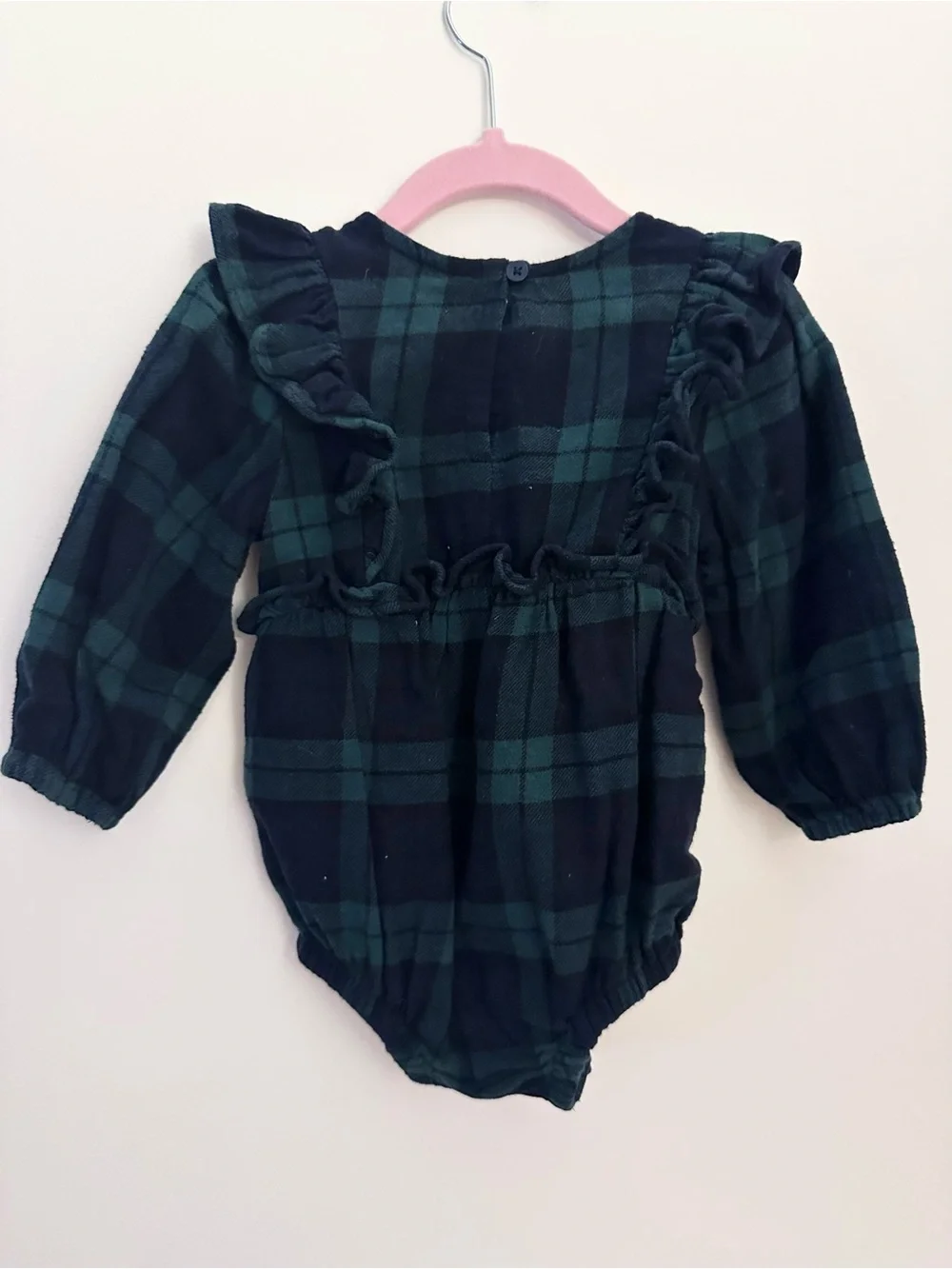 Old Navy Baby Girl Green & Dark Navy Plaid Ruffle-Trim Romper Size 12-18 Months